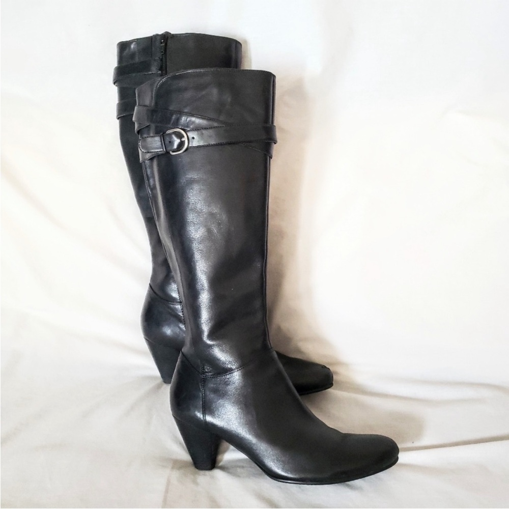 Ecco Black Leather Tall Heeled Calf Buckle Boots